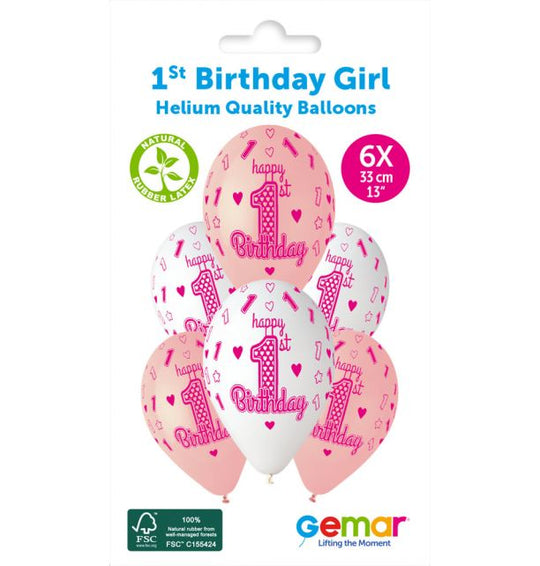 13" LATEX - 1st BIRTHDAY GIRL - PACK OF 6