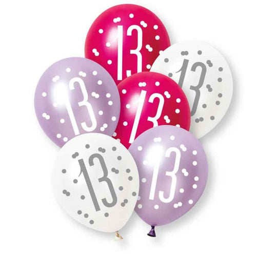 PACK OF 6 LATEX - 13th - PINK GLITZ