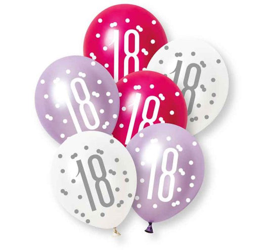 PACK OF 6 LATEX - 18th - PINK GLITZ