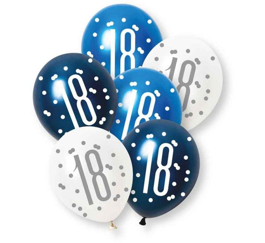 PACK OF 6 LATEX - 18th - BLUE GLITZ