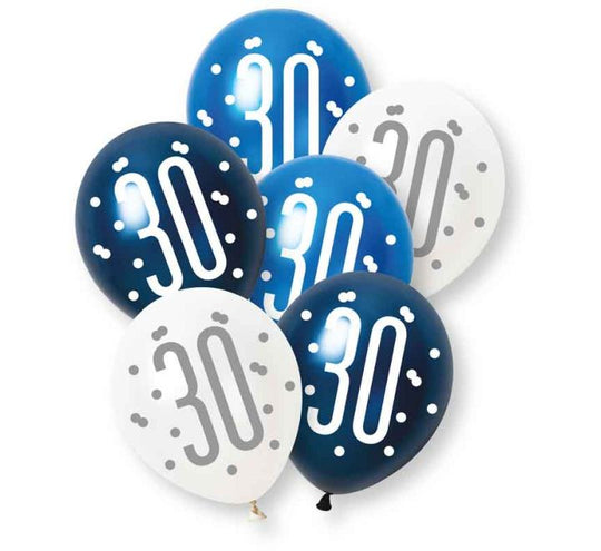 PACK OF 6 LATEX - 30th - BLUE GLITZ