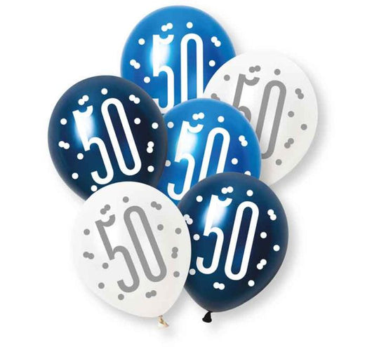 PACK OF 6 LATEX - 50th - BLUE GLITZ