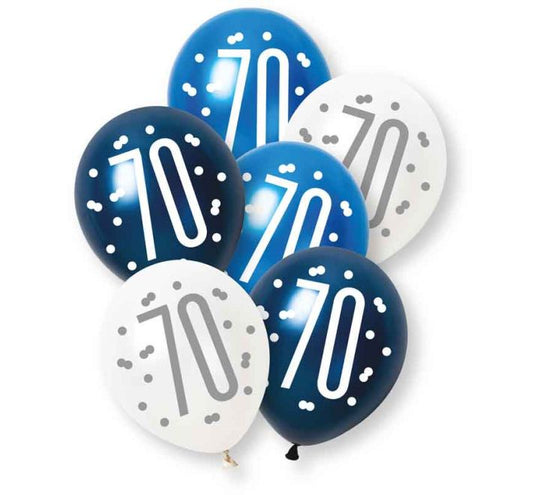 PACK OF 6 LATEX - 70th - BLUE GLITZ