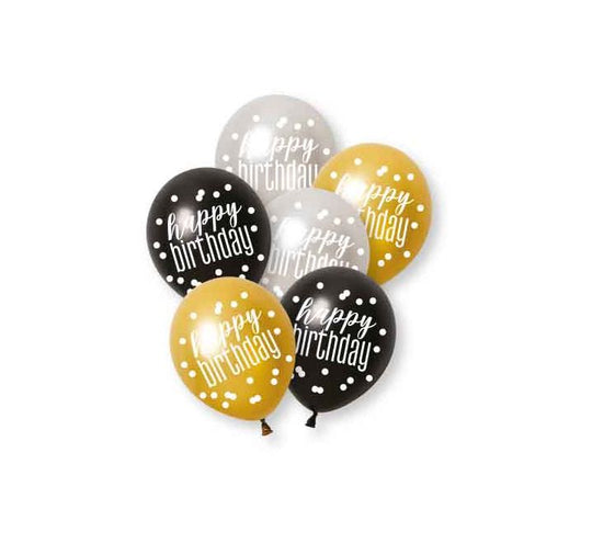 PACK OF 6 LATEX - HAPPY BIRTHDAY BLACK GLITZ