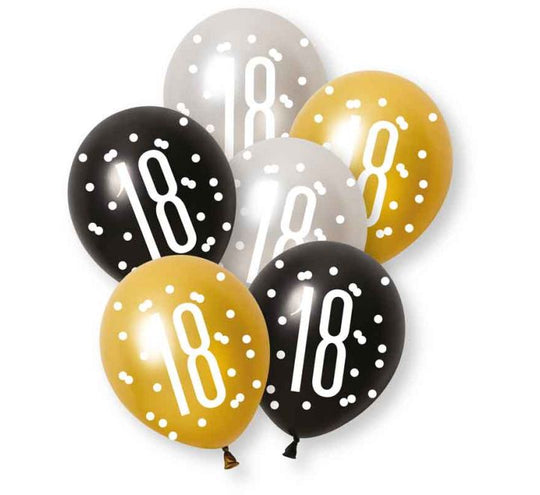 PACK OF 6 LATEX - 18th - BLACK GLITZ