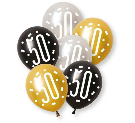 PACK OF 6 LATEX - 50th - BLACK GLITZ