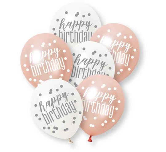 PACK OF 6 LATEX - HAPPY BIRTHDAY - ROSE GOLD GLITZ