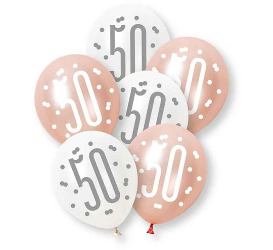 PACK OF 6 LATEX - 50th - ROSE GOLD GLITZ