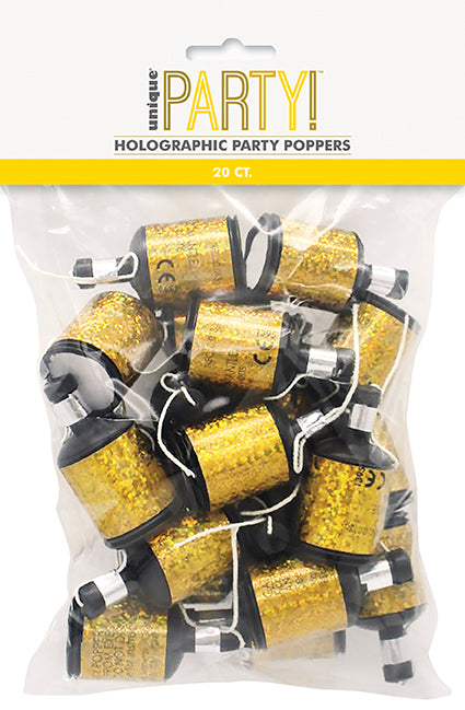 PARTY POPPERS - HOLOGRAPHIC GOLD - PACK OF 20
