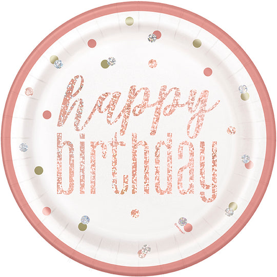 PAPER PLATES - GLITZ ROSE GOLD BIRTHDAY - PACK OF 8