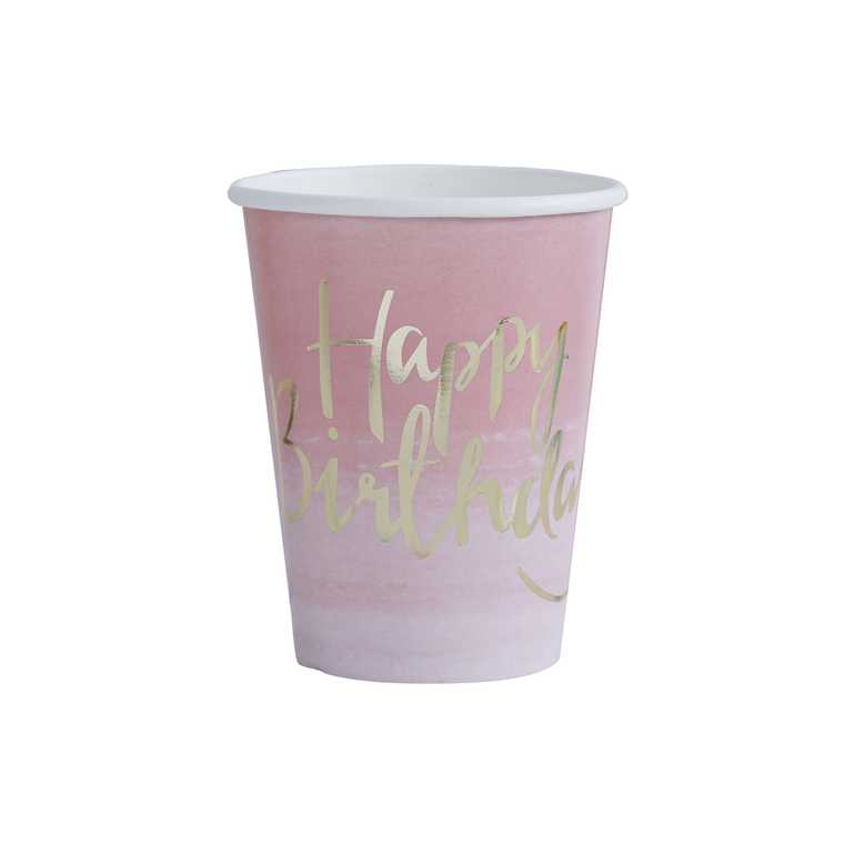 PAPER CUPS - HAPPY BIRTHDAY PINK OMBRE - PACK OF 8
