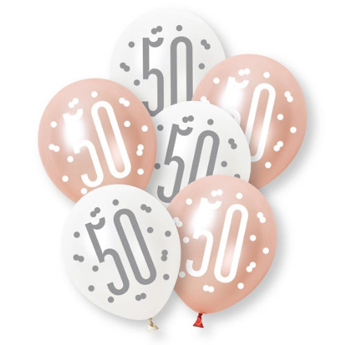 PACK OF 6 LATEX - 50th - ROSE GOLD GLITZ