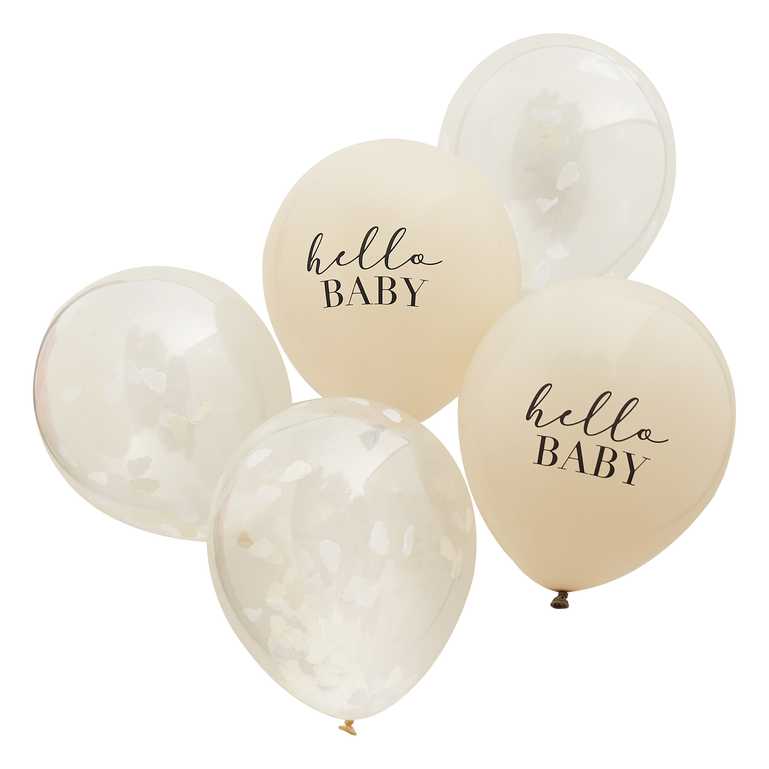 PACK OF 5 LATEX - HELLO BABY - BEIGE & CONFETTI