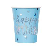 CUPS - HAPPY BIRTHDAY BLUE PRISMATIC - PACK OF 8