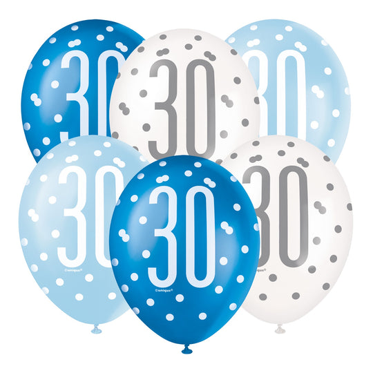 PACK OF 6 LATEX - 30th - BLUE