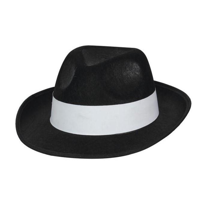 GANGSTER HAT - BLACK FEDORA WITH WHITE RIBBON-Hat-Partica Party