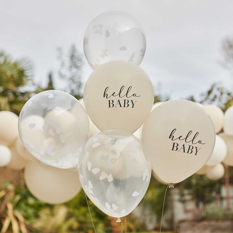 PACK OF 5 LATEX - HELLO BABY - BEIGE & CONFETTI-Balloon-Partica Party