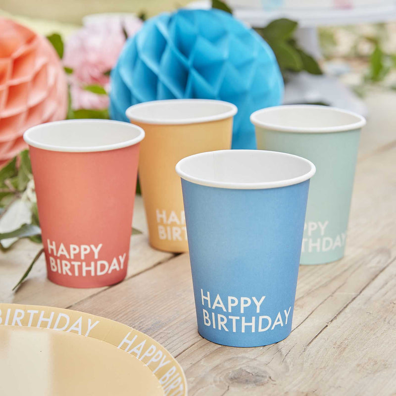 PACK OF 8 CUPS - HAPPY BIRTHDAY - MULTICOLOURED-CUPS-Partica Party