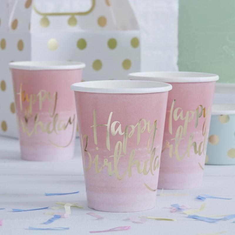 PICK N MIX - GOLD FOILED PINK OMBRE HAPPY BIRTHDAY PAPER CUPS-CUPS-Partica Party