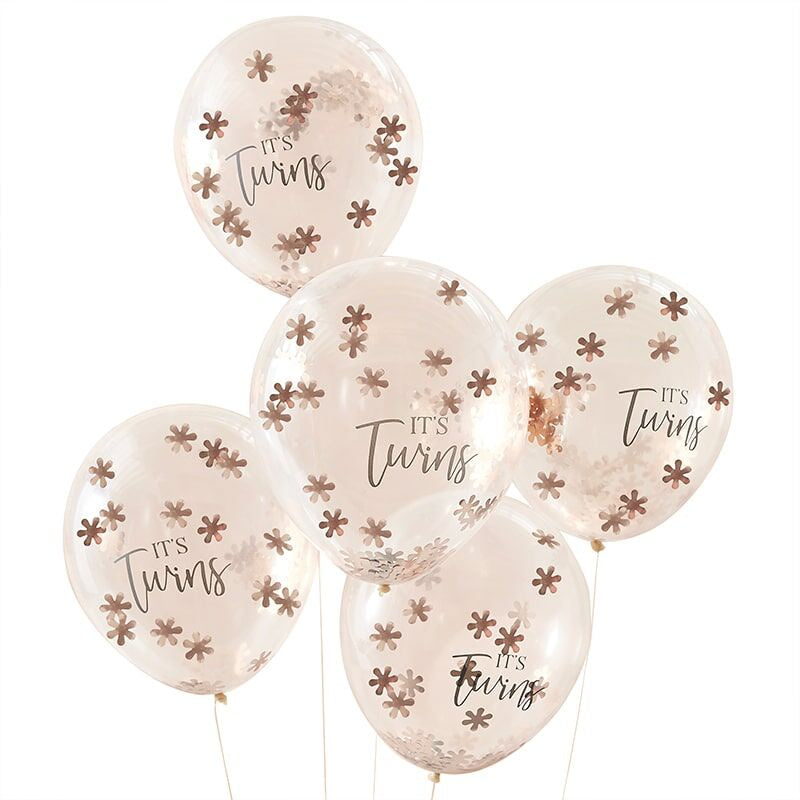 PACK OF 5 LATEX - CONFETTI FILLED - IT'S TWINS FLORAL ROSE GOLD