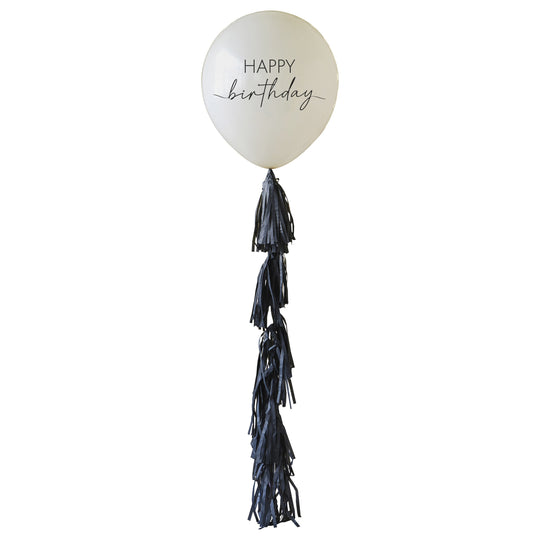 24" LATEX - HAPPY BIRTHDAY & TASSEL TAIL - CHAMPAGNE NOIR