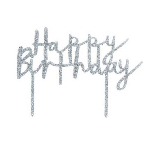 CAKE TOPPER - HAPPY BIRTHDAY - SILVER GLITTER ACRYLIC