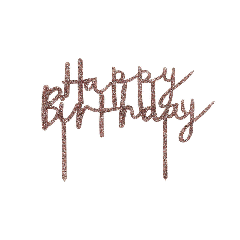 CAKE TOPPER - HAPPY BIRTHDAY - ROSE GOLD GLITTER ACRYLIC