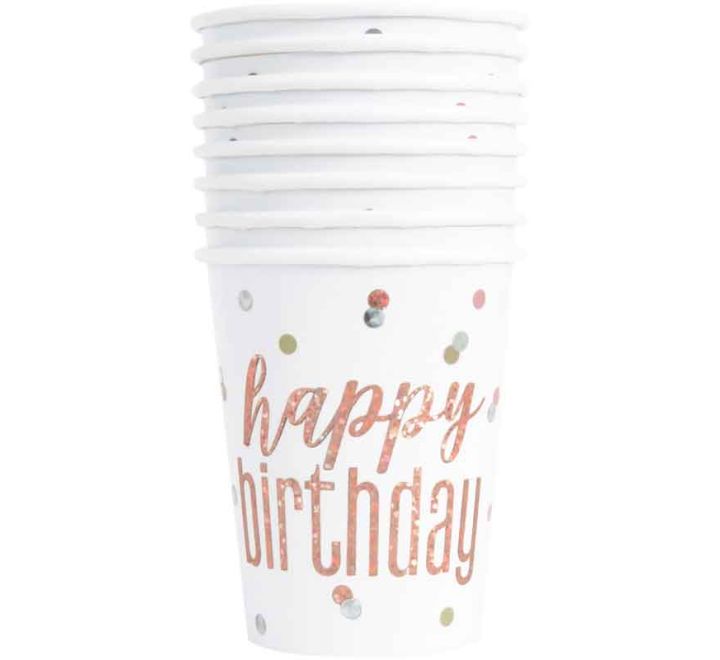 CUPS - GLITZ ROSE GOLD BIRTHDAY - PACK OF 8