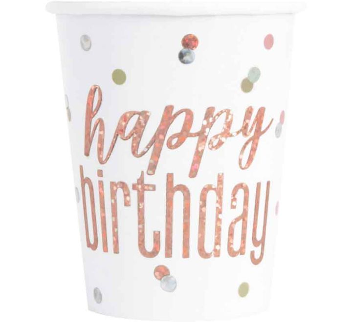 CUPS - GLITZ ROSE GOLD BIRTHDAY - PACK OF 8