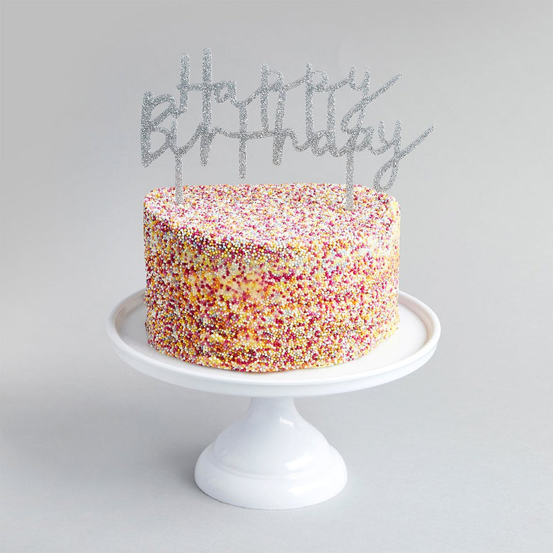 CAKE TOPPER - HAPPY BIRTHDAY - SILVER GLITTER ACRYLIC