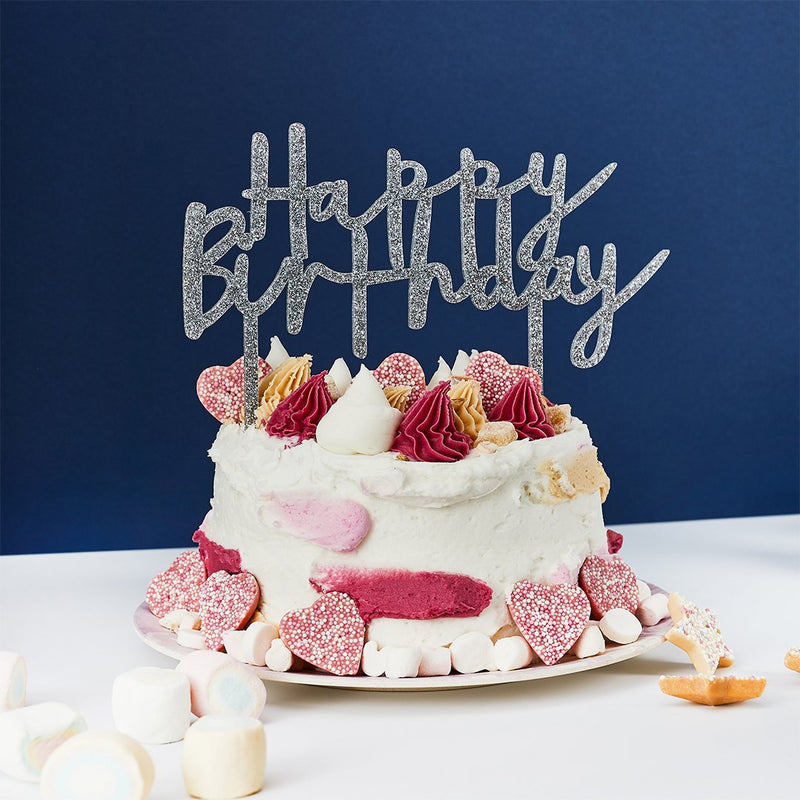 CAKE TOPPER - HAPPY BIRTHDAY - SILVER GLITTER ACRYLIC