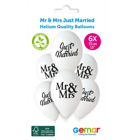 13" LATEX - MR & MRS JUST MARRIED - PACK OF 6