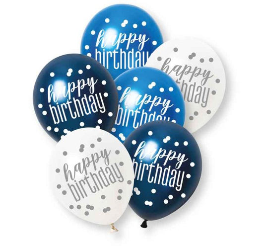 PACK OF 6 LATEX - HAPPY BIRTHDAY - BLUE GLITZ