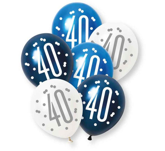 PACK OF 6 LATEX - 40th - BLUE GLITZ