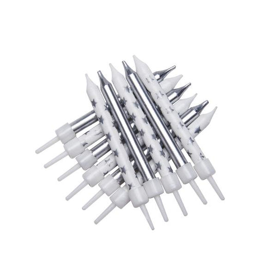 CANDLE - METALLIC STAR MIX SILVER - PACK OF 12