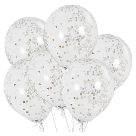 PACK OF 6 LATEX - CONFETTI FILLED - SILVER