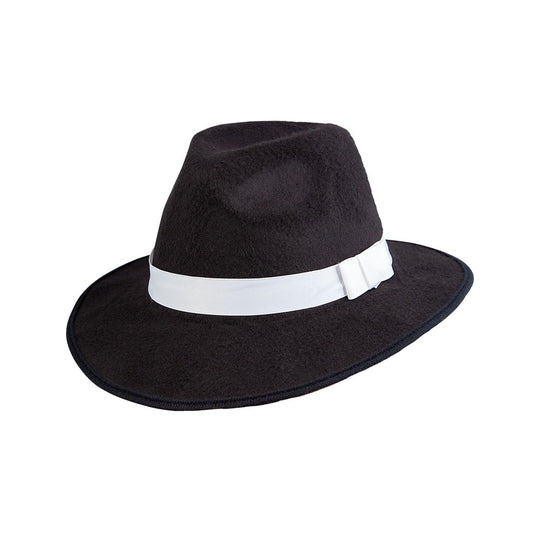 CLASSIC GANGSTER HAT - BLACK WITH WHITE SATIN BAND