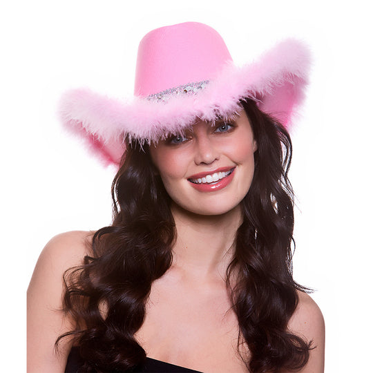 TEXAN COWGIRL HAT - PINK WITH SEQUINS & FEATHERS