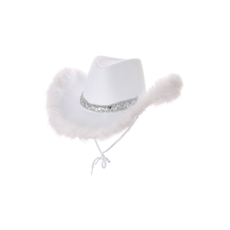 TEXAN COWGIRL HAT - WHITE WITH SEQUINS & FEATHERS