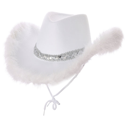 TEXAN COWGIRL HAT - WHITE WITH SEQUINS & FEATHERS