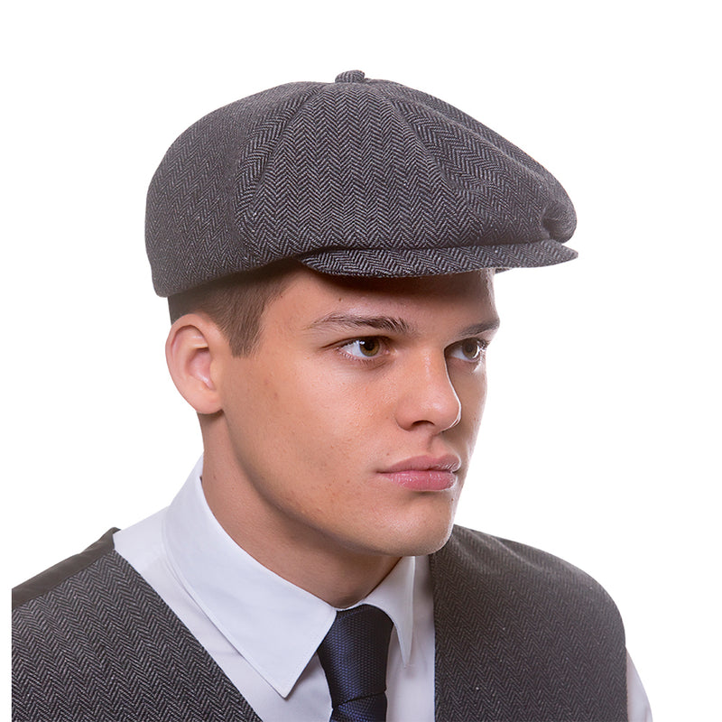 PEAKY FLAT CAP - GREY HERRINGBONE