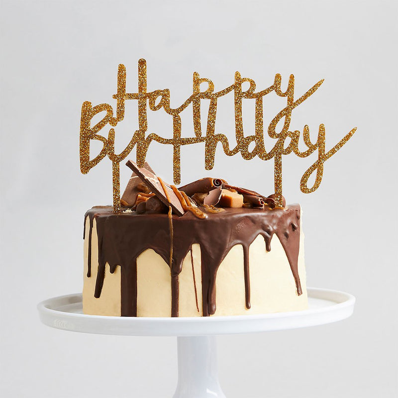 CAKE TOPPER - HAPPY BIRTHDAY - GOLD GLITTER ACRYLIC