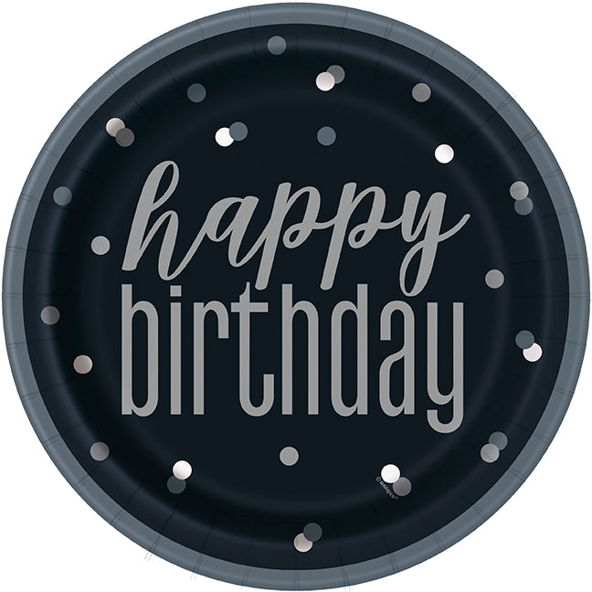 PAPER PLATES - BLACK & SILVER BIRTHDAY - PACK OF 8