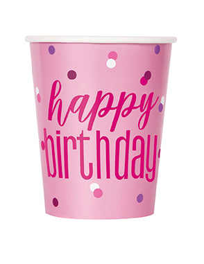 CUPS - PINK HAPPY BIRTHDAY - PACK OF 8