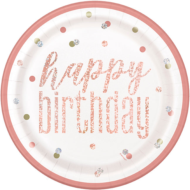 PAPER PLATES - GLITZ ROSE GOLD BIRTHDAY - PACK OF 8