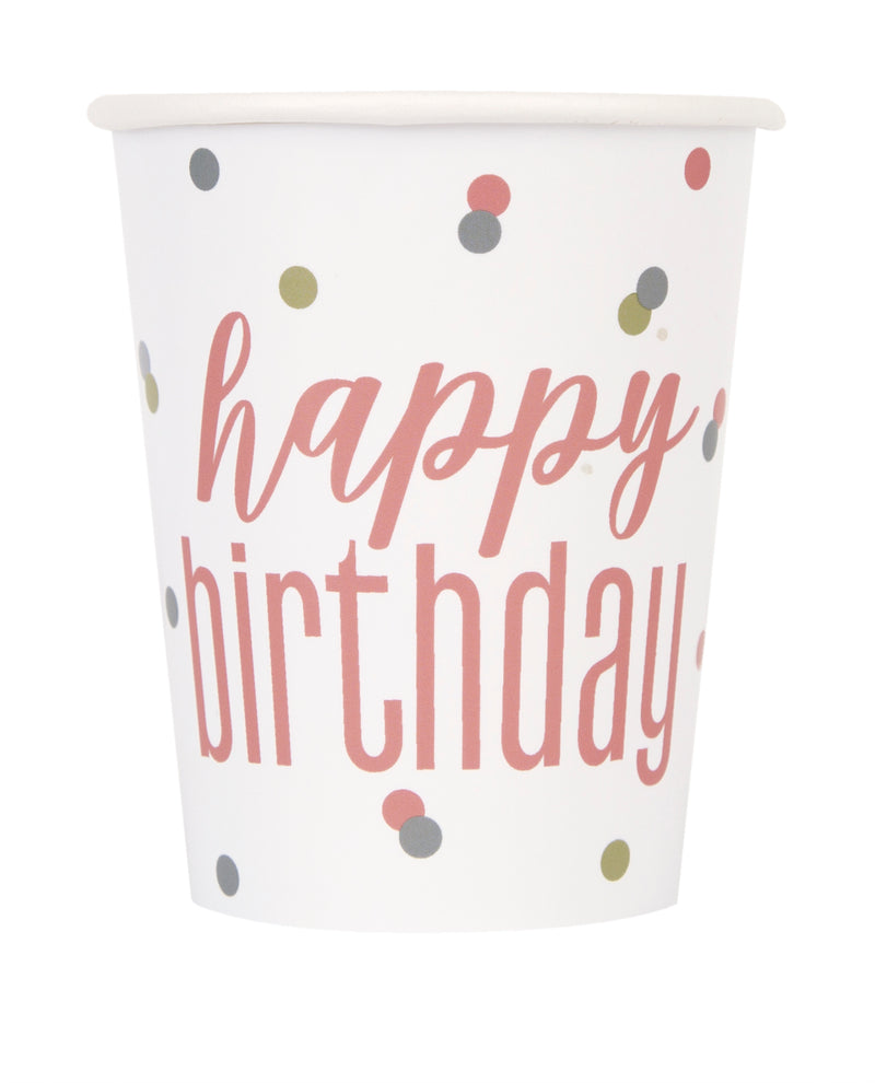 CUPS - ROSE GOLD HAPPY BIRTHDAY - PACK OF 8