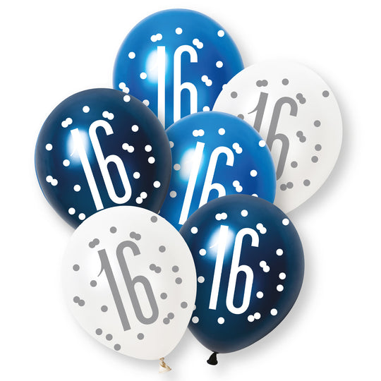 PACK OF 6 LATEX - 16th - BLUE GLITZ