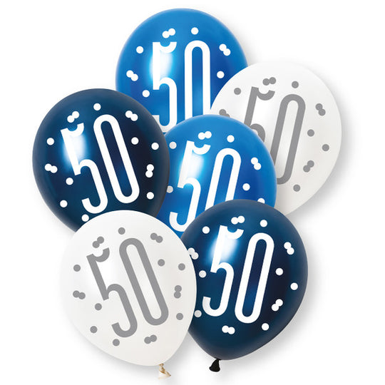 PACK OF 6 LATEX - 50th - BLUE GLITZ