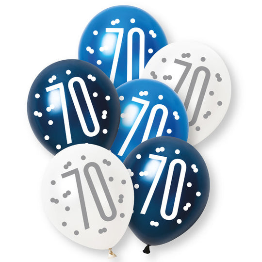 PACK OF 6 LATEX - 70th - BLUE GLITZ