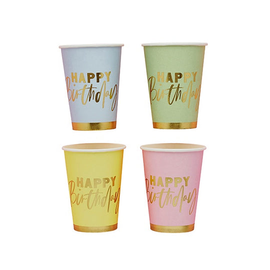 PAPER CUPS - 'HAPPY BIRTHDAY' PASTEL - PACK OF 8